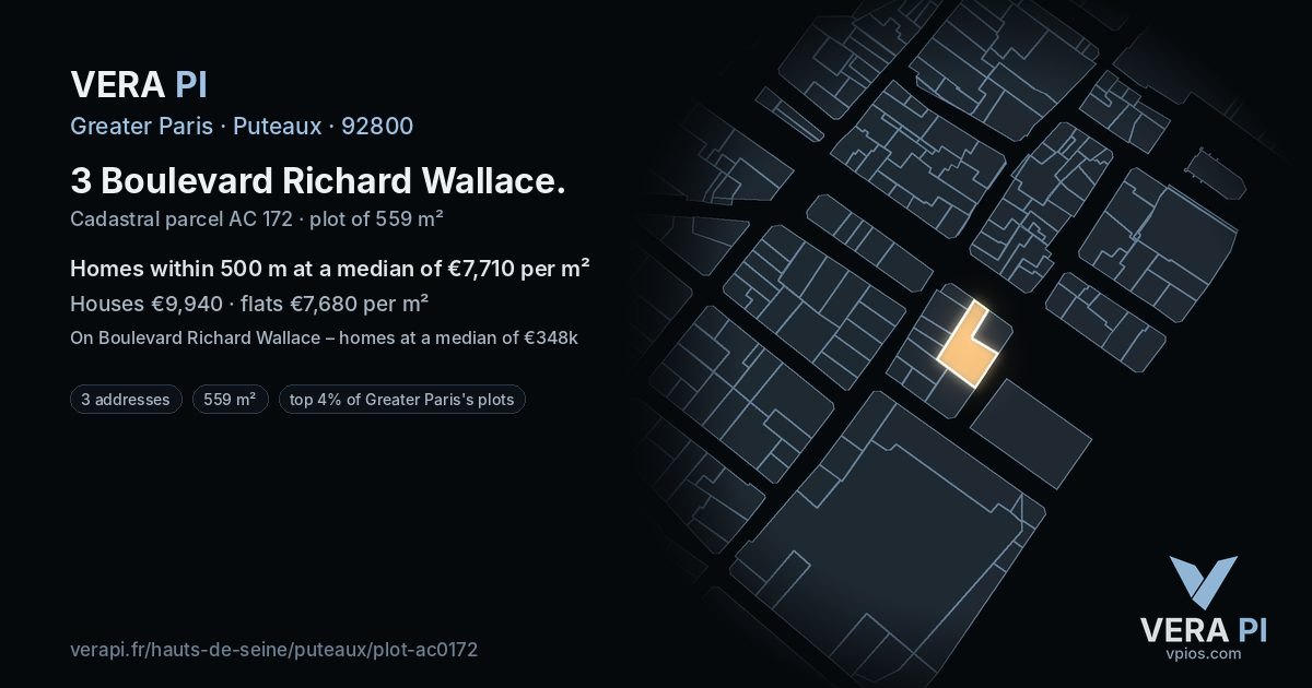 3 Boulevard Richard Wallace, Puteaux at night – the plot lit, the parcels around coloured by the prices near them