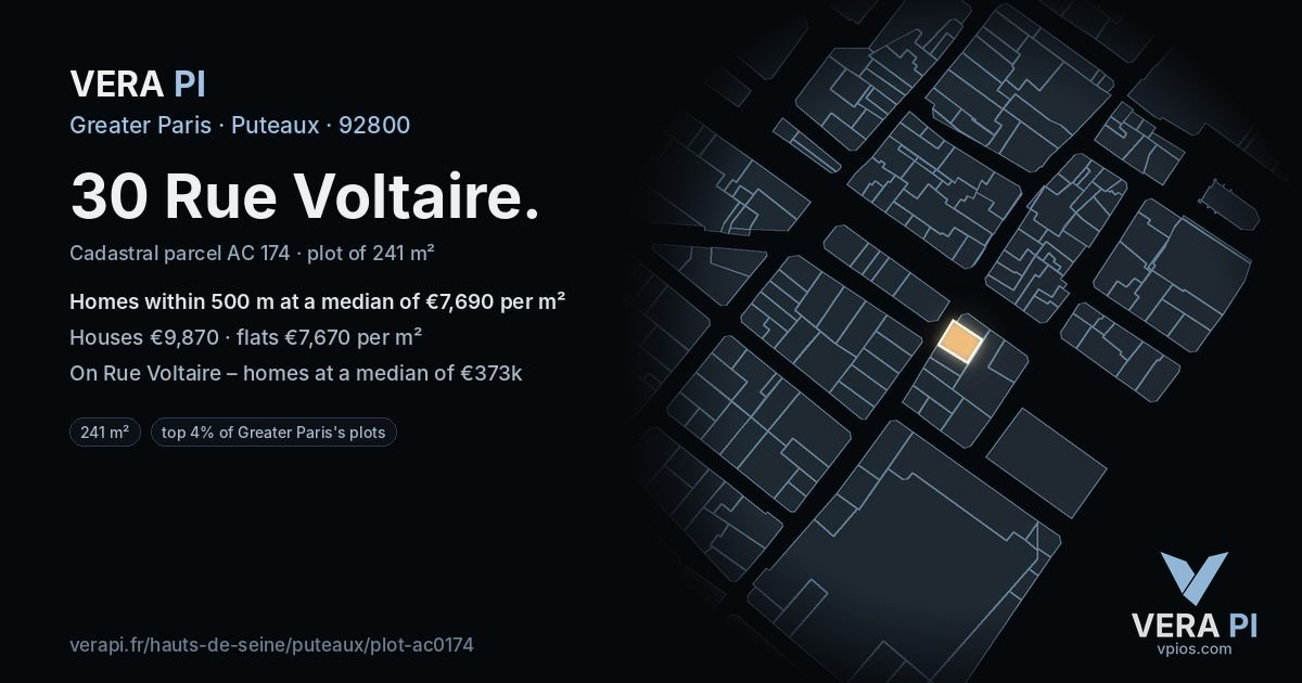 30 Rue Voltaire, Puteaux at night – the plot lit, the parcels around coloured by the prices near them