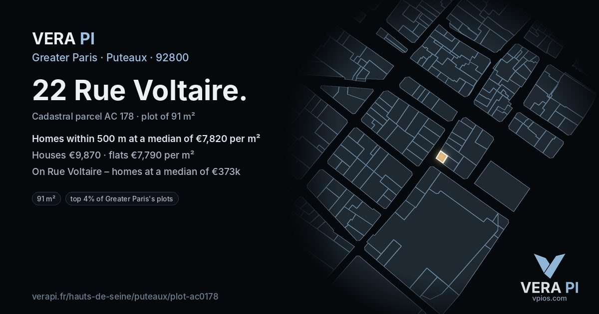 22 Rue Voltaire, Puteaux at night – the plot lit, the parcels around coloured by the prices near them