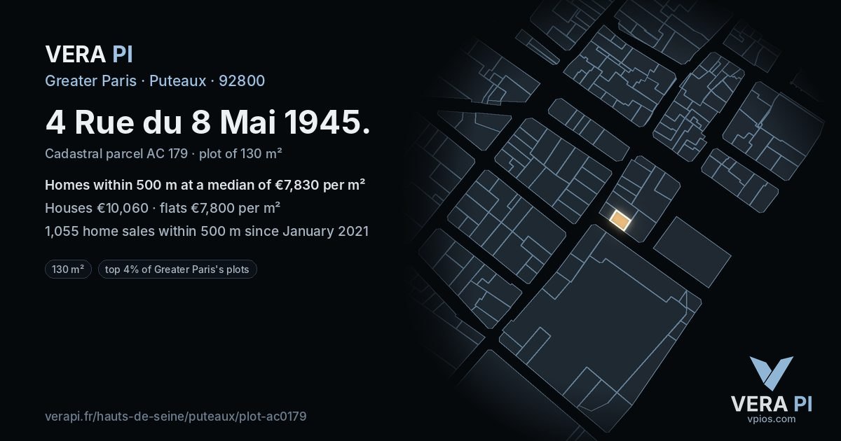 4 Rue du 8 Mai 1945, Puteaux at night – the plot lit, the parcels around coloured by the prices near them