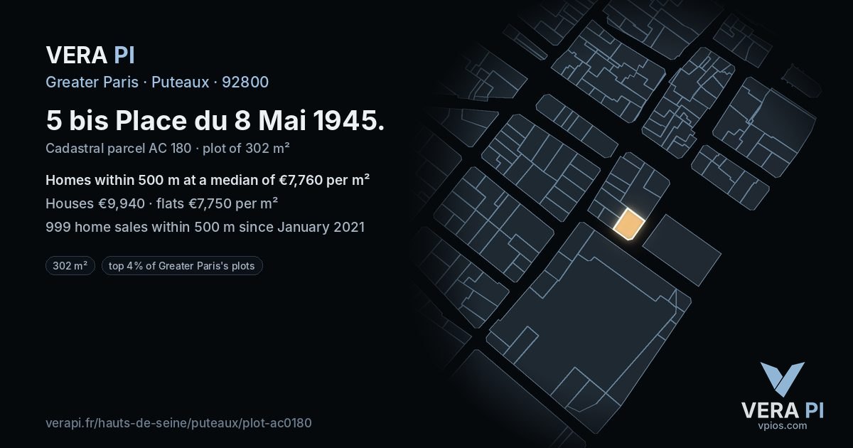 5 bis Place du 8 Mai 1945, Puteaux at night – the plot lit, the parcels around coloured by the prices near them