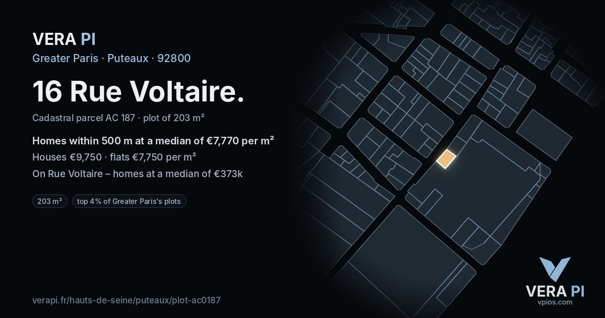 16 Rue Voltaire, Puteaux at night – the plot lit, the parcels around coloured by the prices near them