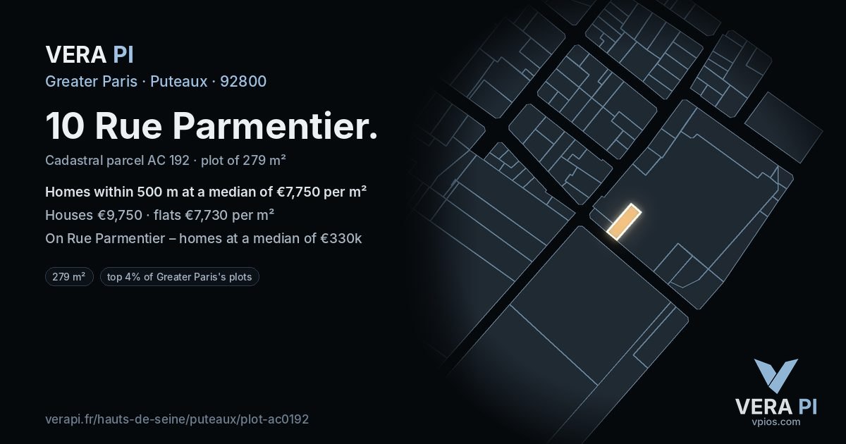 10 Rue Parmentier, Puteaux at night – the plot lit, the parcels around coloured by the prices near them