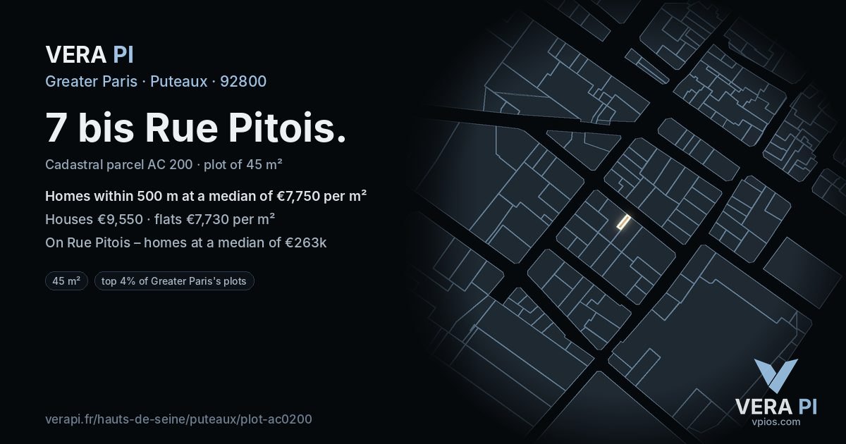 7 bis Rue Pitois, Puteaux at night – the plot lit, the parcels around coloured by the prices near them