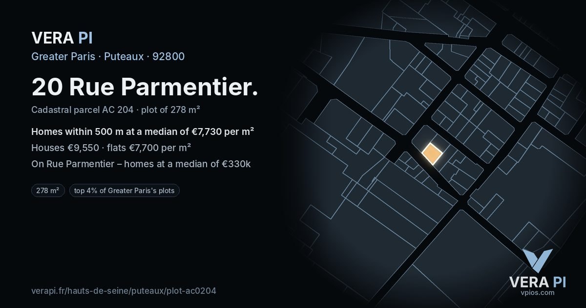 20 Rue Parmentier, Puteaux at night – the plot lit, the parcels around coloured by the prices near them