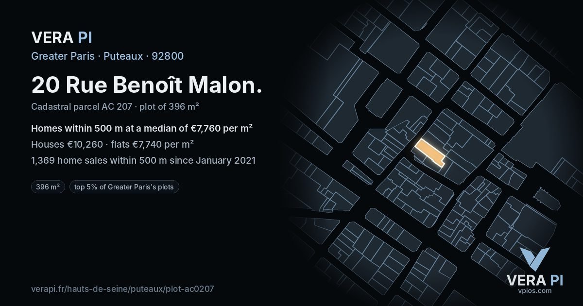 20 Rue Benoît Malon, Puteaux at night – the plot lit, the parcels around coloured by the prices near them