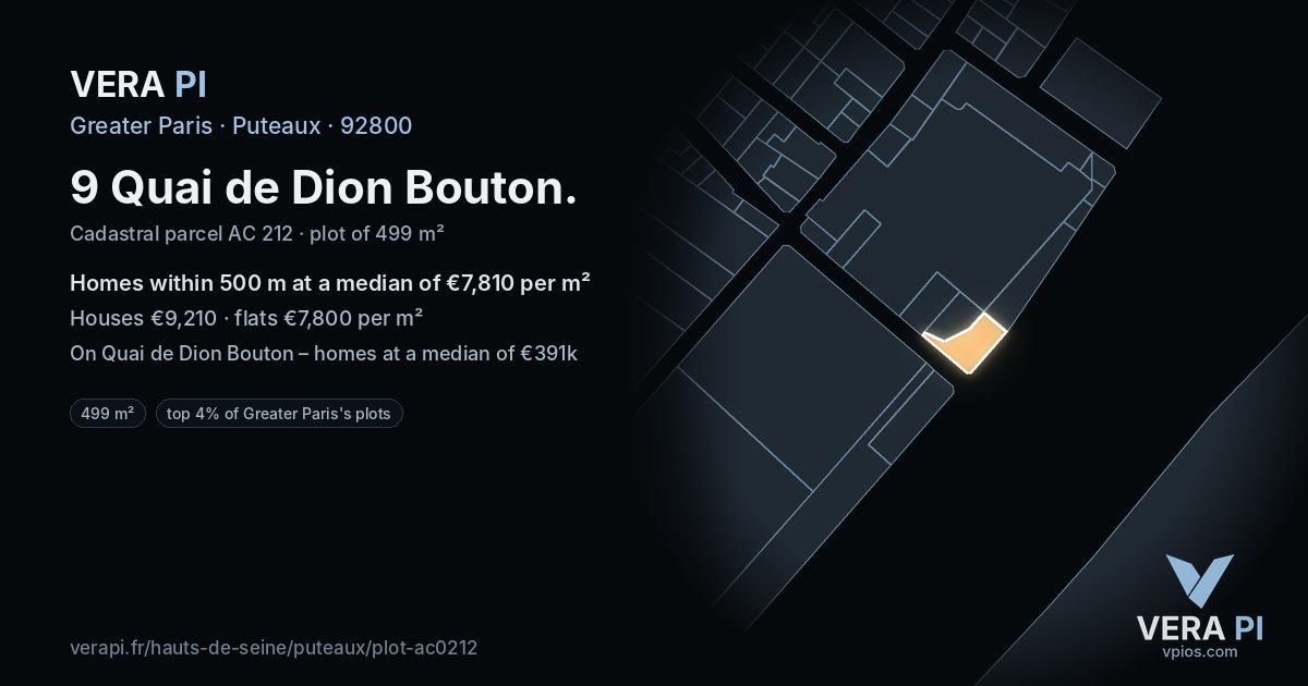 9 Quai de Dion Bouton, Puteaux at night – the plot lit, the parcels around coloured by the prices near them