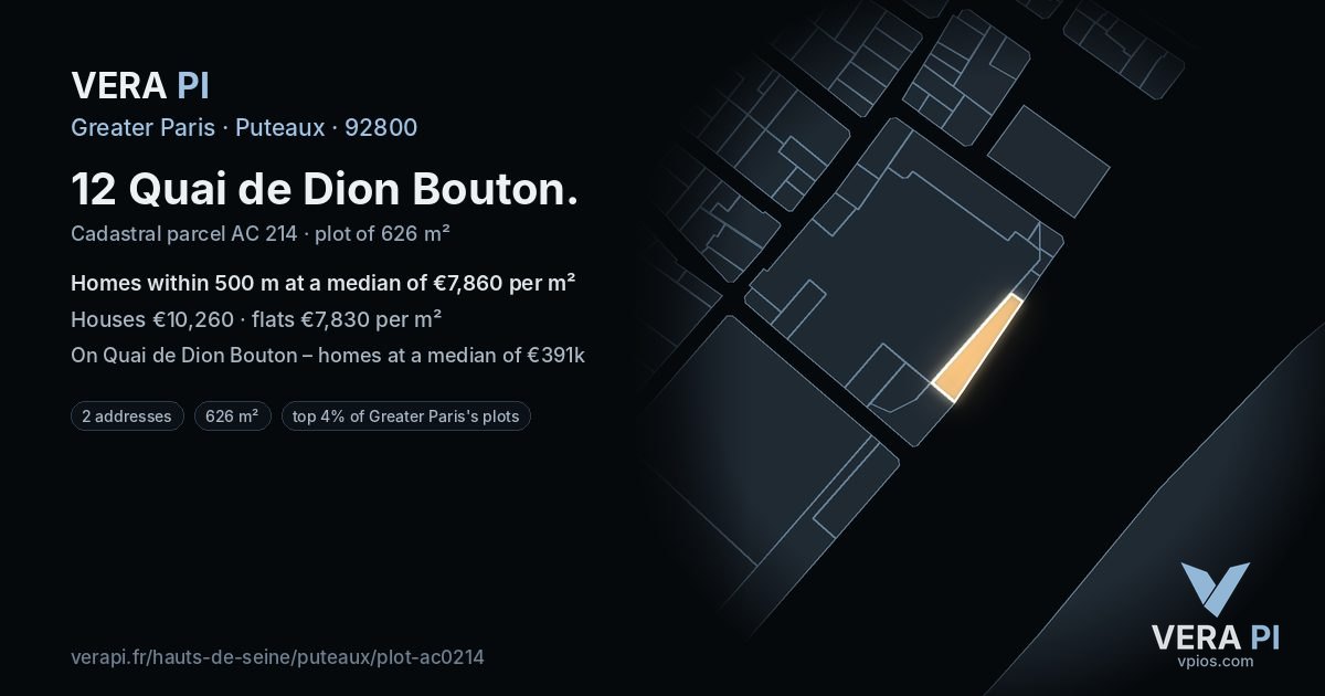 12 Quai de Dion Bouton, Puteaux at night – the plot lit, the parcels around coloured by the prices near them