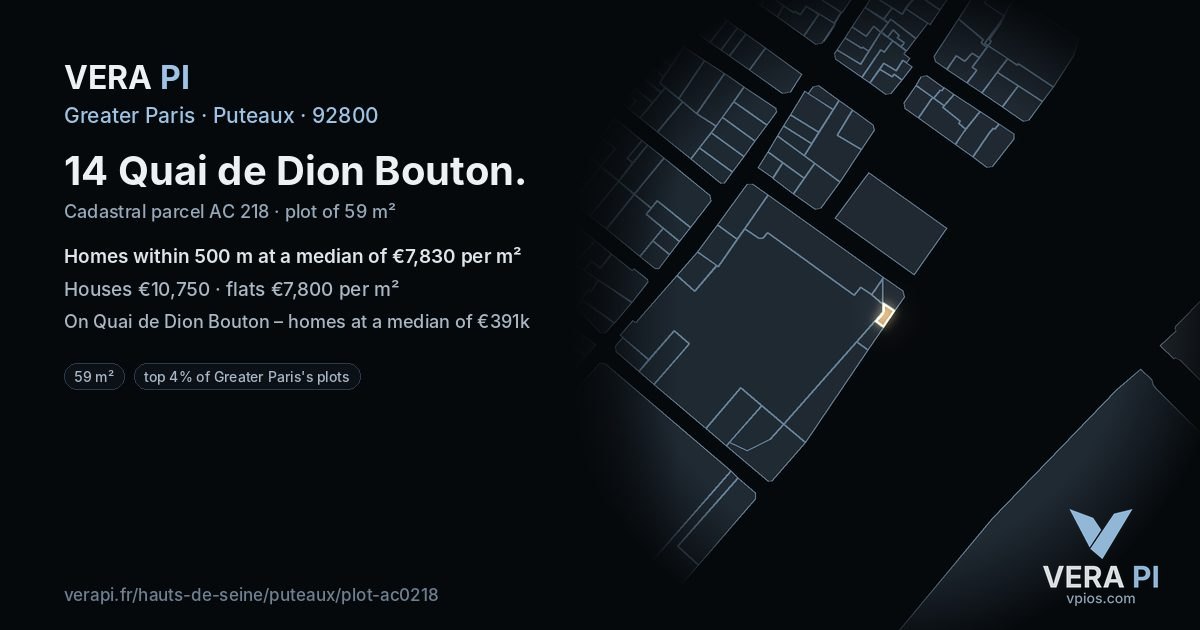 14 Quai de Dion Bouton, Puteaux at night – the plot lit, the parcels around coloured by the prices near them