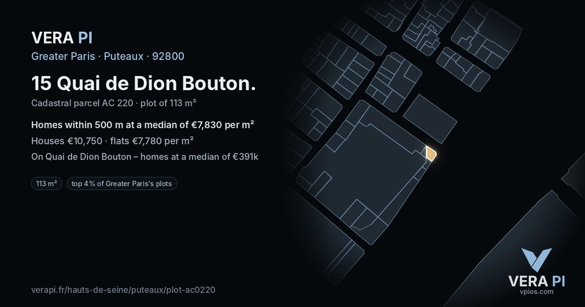 15 Quai de Dion Bouton, Puteaux at night – the plot lit, the parcels around coloured by the prices near them
