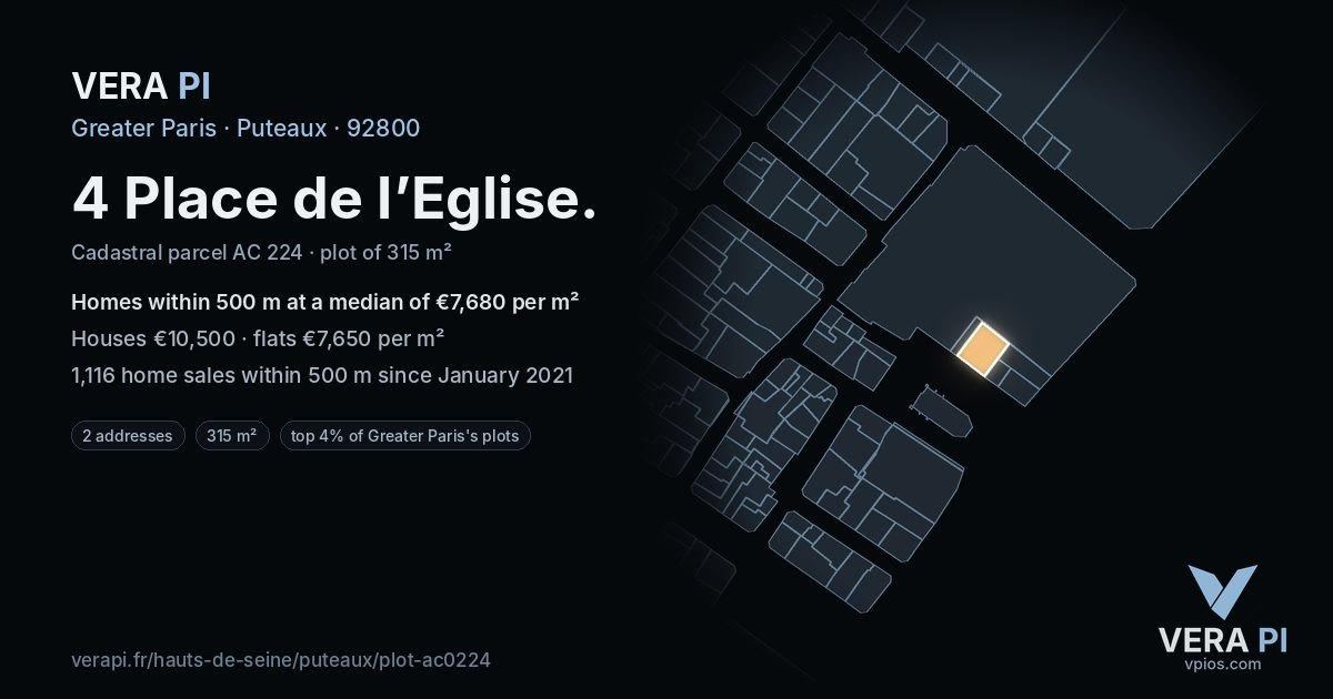 4 Place de l’Eglise, Puteaux at night – the plot lit, the parcels around coloured by the prices near them