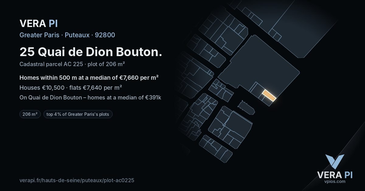 25 Quai de Dion Bouton, Puteaux at night – the plot lit, the parcels around coloured by the prices near them