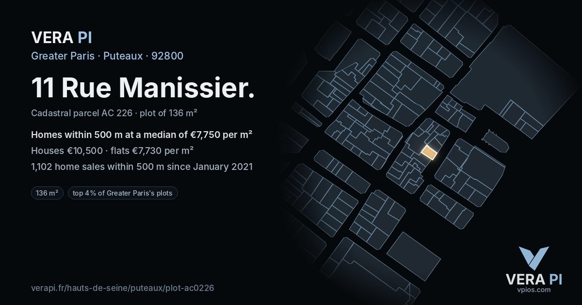 11 Rue Manissier, Puteaux at night – the plot lit, the parcels around coloured by the prices near them