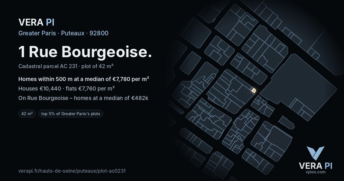 1 Rue Bourgeoise, Puteaux at night – the plot lit, the parcels around coloured by the prices near them