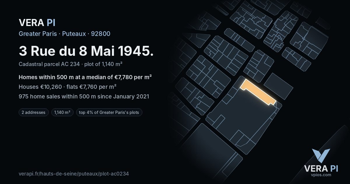 3 Rue du 8 Mai 1945, Puteaux at night – the plot lit, the parcels around coloured by the prices near them