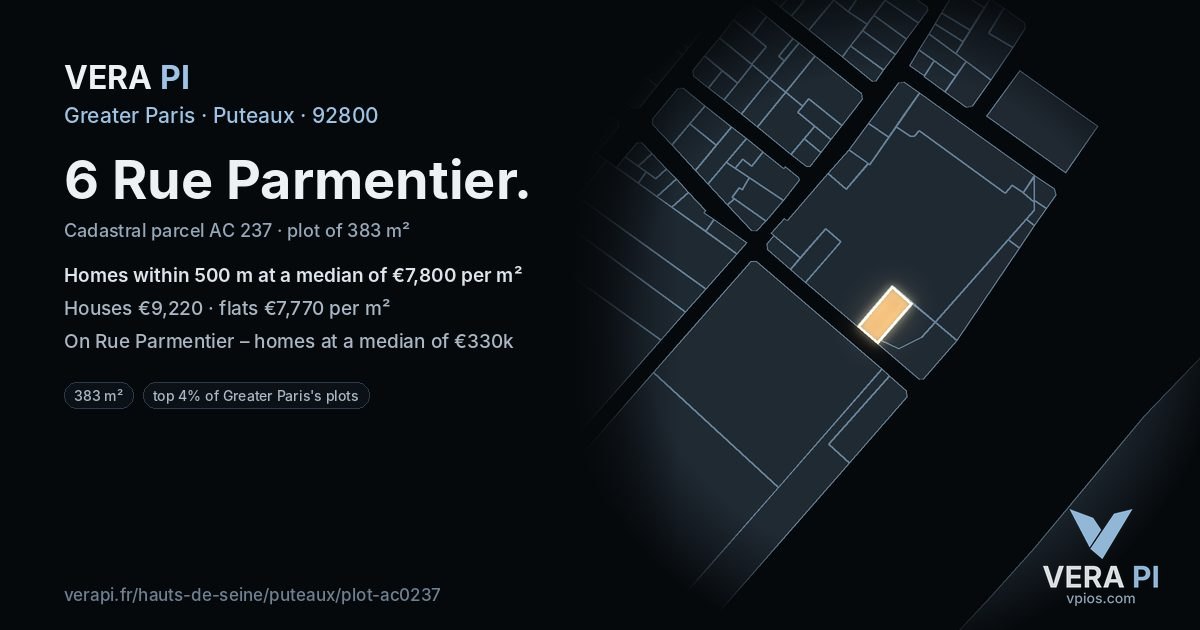 6 Rue Parmentier, Puteaux at night – the plot lit, the parcels around coloured by the prices near them