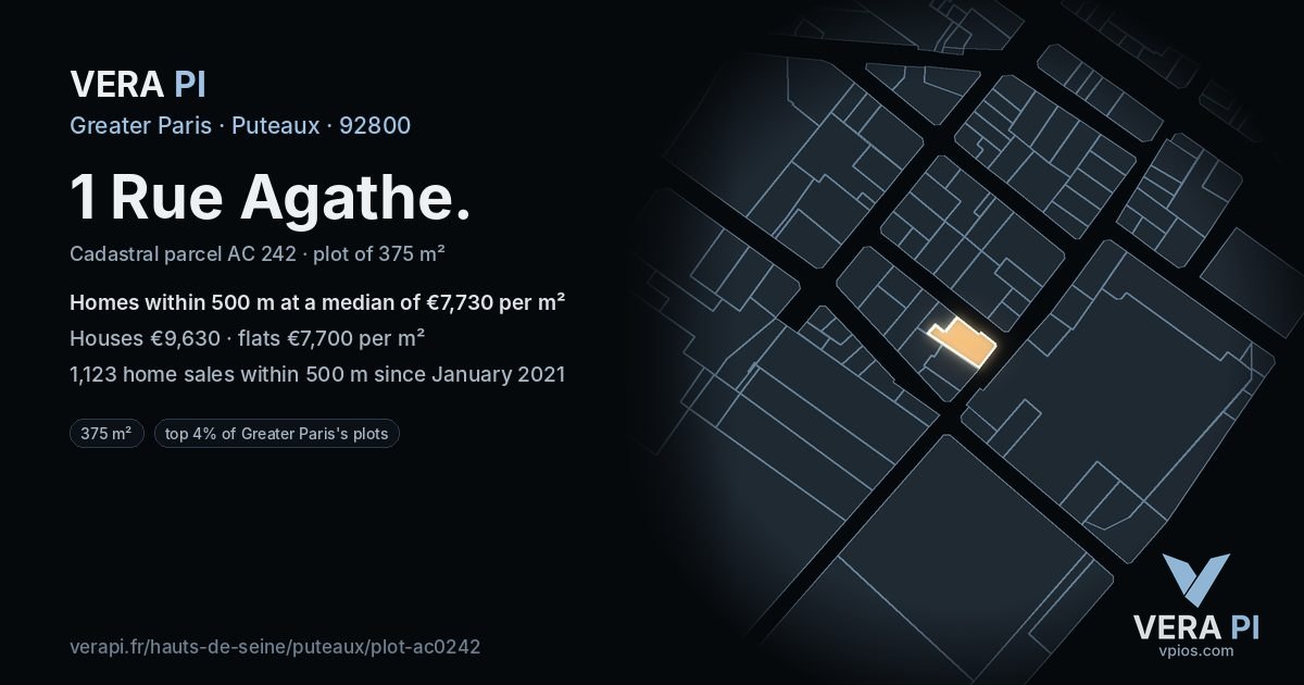 1 Rue Agathe, Puteaux at night – the plot lit, the parcels around coloured by the prices near them