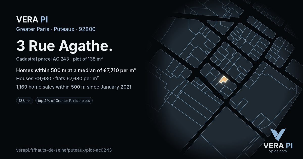 3 Rue Agathe, Puteaux at night – the plot lit, the parcels around coloured by the prices near them