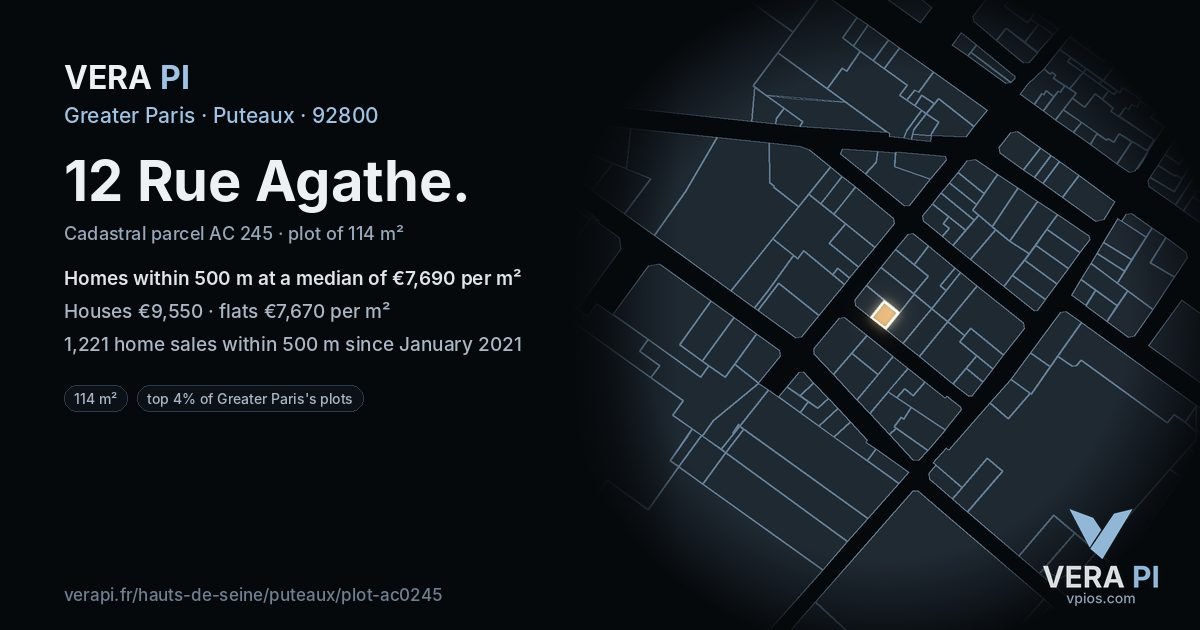 12 Rue Agathe, Puteaux at night – the plot lit, the parcels around coloured by the prices near them