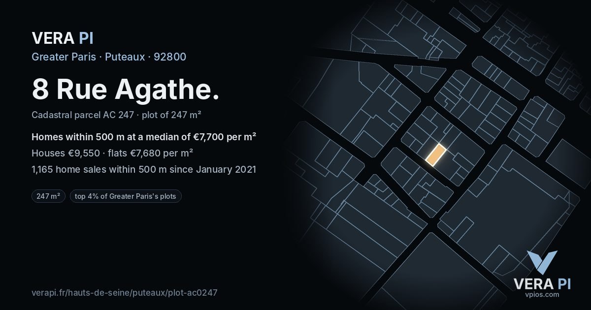 8 Rue Agathe, Puteaux at night – the plot lit, the parcels around coloured by the prices near them