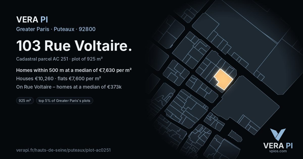 103 Rue Voltaire, Puteaux at night – the plot lit, the parcels around coloured by the prices near them