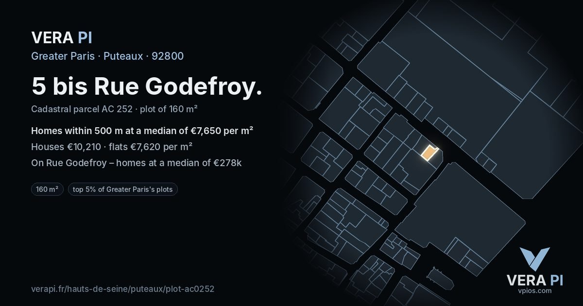 5 bis Rue Godefroy, Puteaux at night – the plot lit, the parcels around coloured by the prices near them