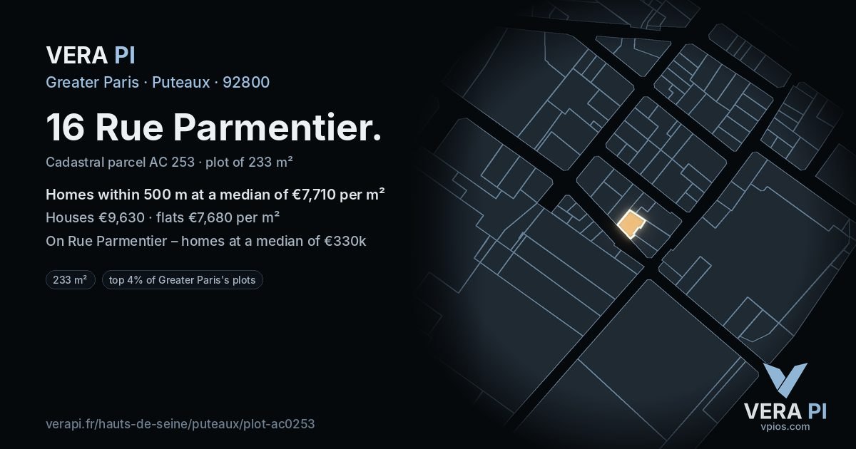 16 Rue Parmentier, Puteaux at night – the plot lit, the parcels around coloured by the prices near them