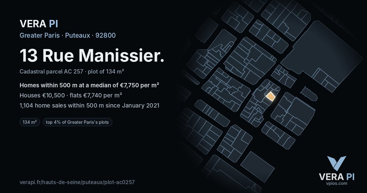 13 Rue Manissier, Puteaux at night – the plot lit, the parcels around coloured by the prices near them