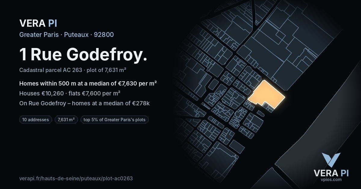 1 Rue Godefroy, Puteaux at night – the plot lit, the parcels around coloured by the prices near them