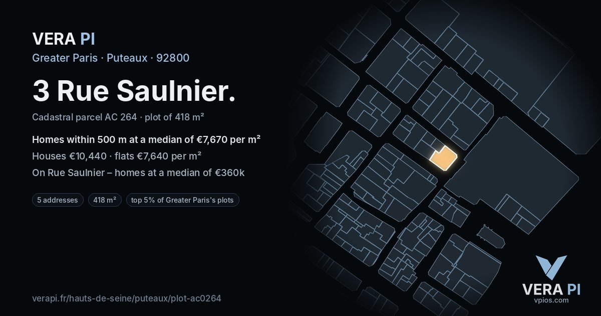 3 Rue Saulnier, Puteaux at night – the plot lit, the parcels around coloured by the prices near them