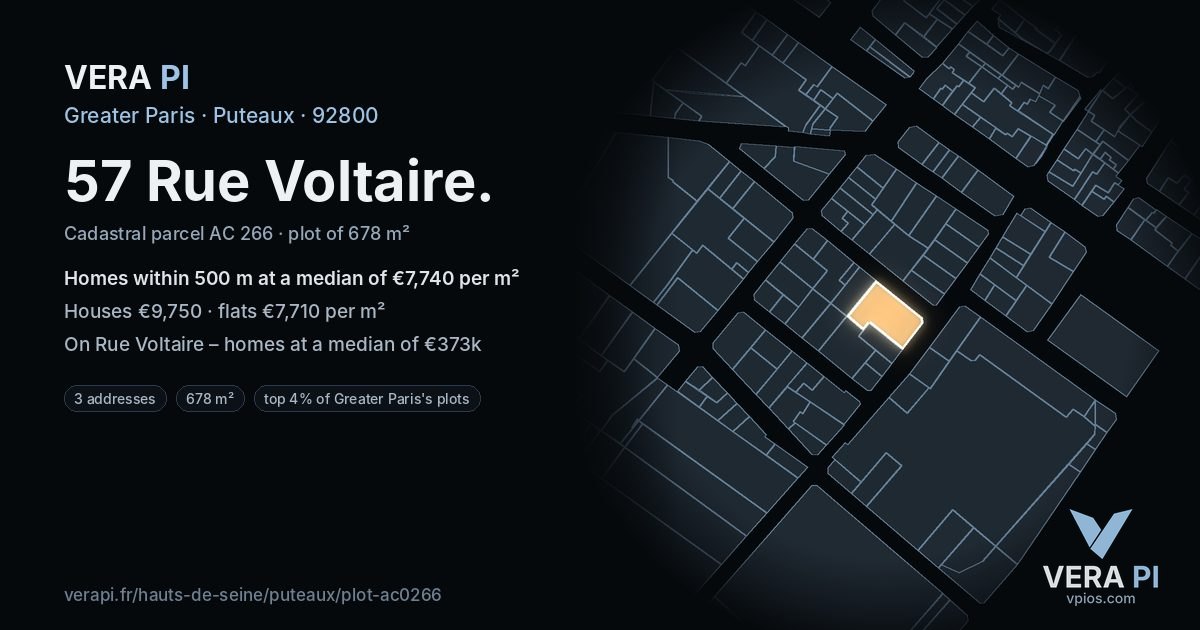 57 Rue Voltaire, Puteaux at night – the plot lit, the parcels around coloured by the prices near them
