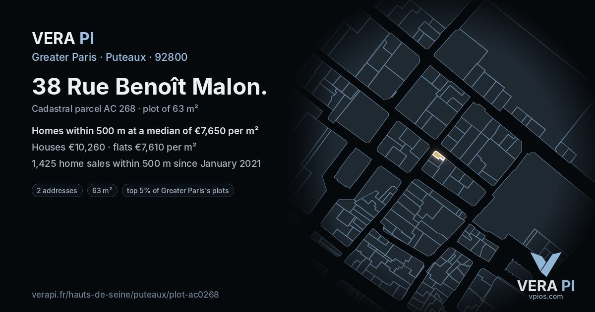 38 Rue Benoît Malon, Puteaux at night – the plot lit, the parcels around coloured by the prices near them