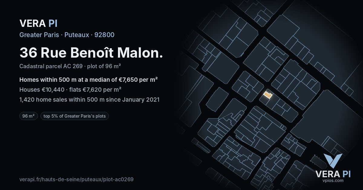 36 Rue Benoît Malon, Puteaux at night – the plot lit, the parcels around coloured by the prices near them