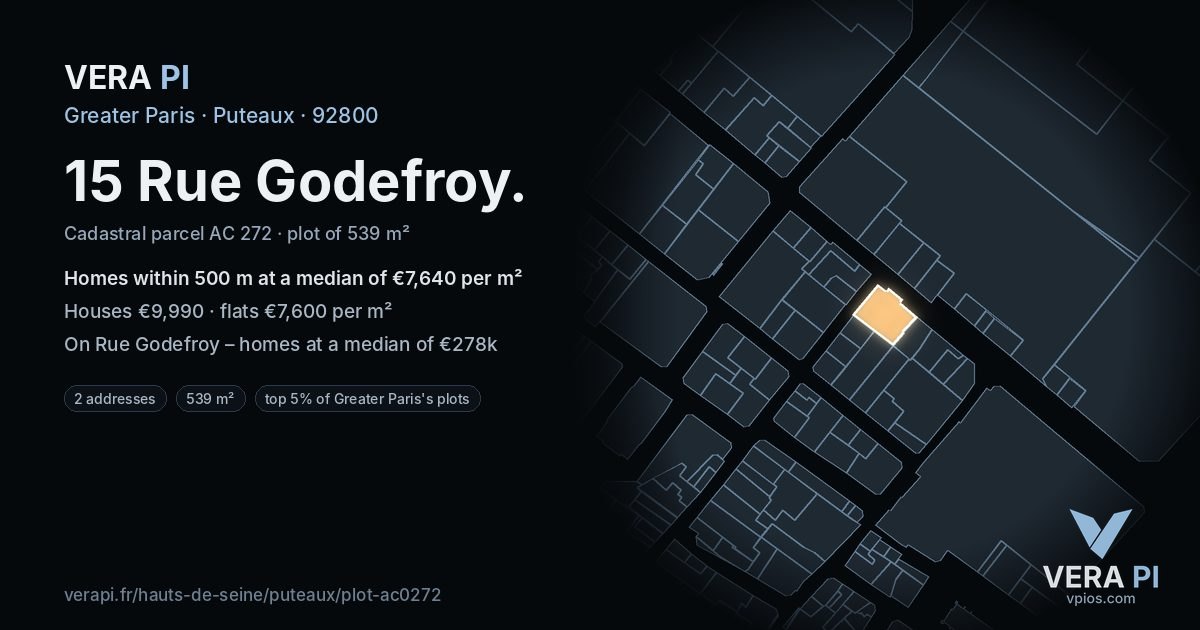 15 Rue Godefroy, Puteaux at night – the plot lit, the parcels around coloured by the prices near them