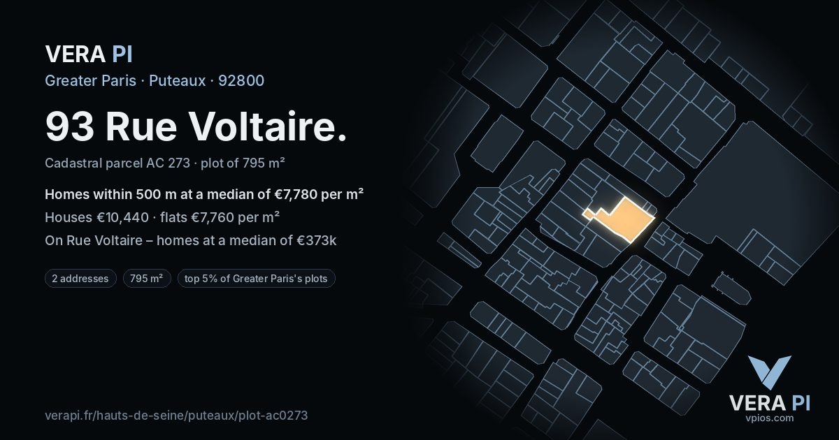 93 Rue Voltaire, Puteaux at night – the plot lit, the parcels around coloured by the prices near them