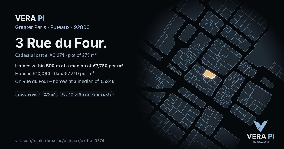 3 Rue du Four, Puteaux at night – the plot lit, the parcels around coloured by the prices near them
