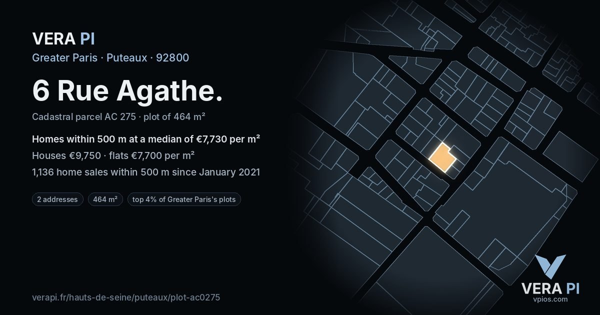 6 Rue Agathe, Puteaux at night – the plot lit, the parcels around coloured by the prices near them