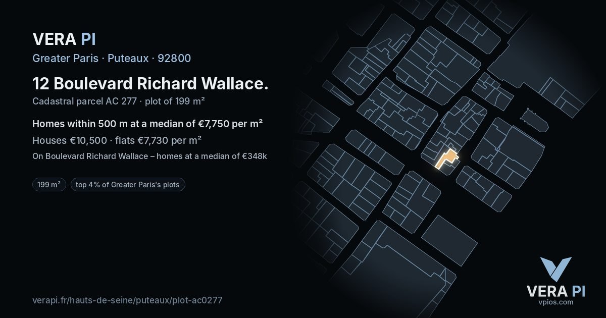 12 Boulevard Richard Wallace, Puteaux at night – the plot lit, the parcels around coloured by the prices near them
