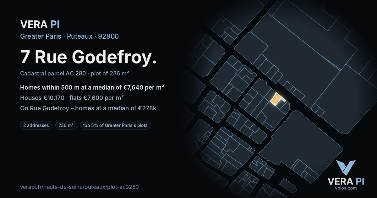 7 Rue Godefroy, Puteaux at night – the plot lit, the parcels around coloured by the prices near them