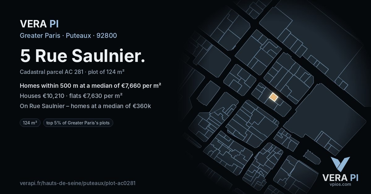 5 Rue Saulnier, Puteaux at night – the plot lit, the parcels around coloured by the prices near them