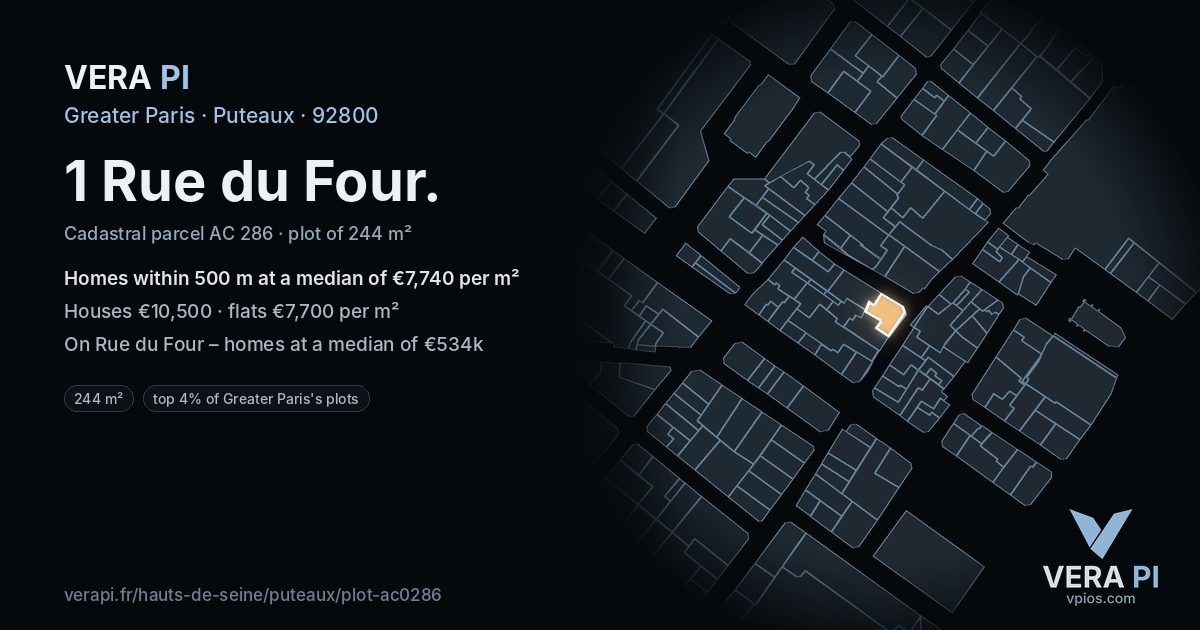 1 Rue du Four, Puteaux at night – the plot lit, the parcels around coloured by the prices near them