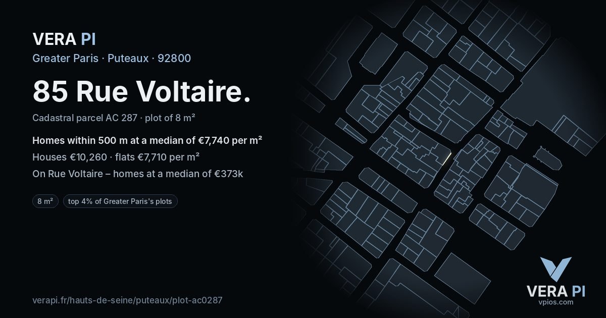 85 Rue Voltaire, Puteaux at night – the plot lit, the parcels around coloured by the prices near them