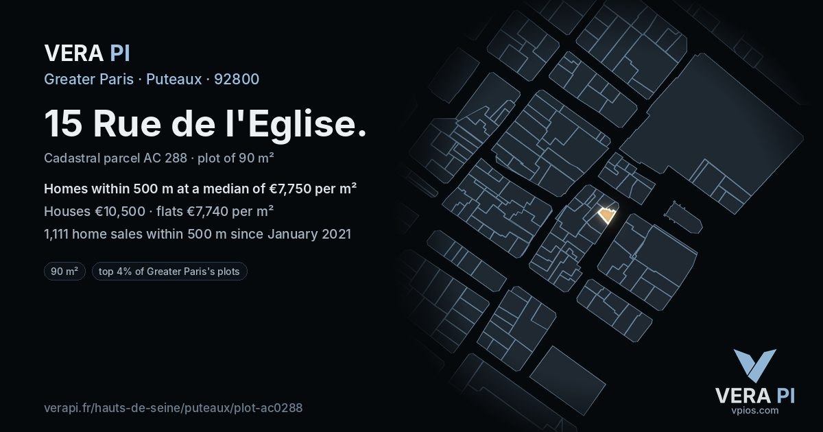 15 Rue de l'Eglise, Puteaux at night – the plot lit, the parcels around coloured by the prices near them