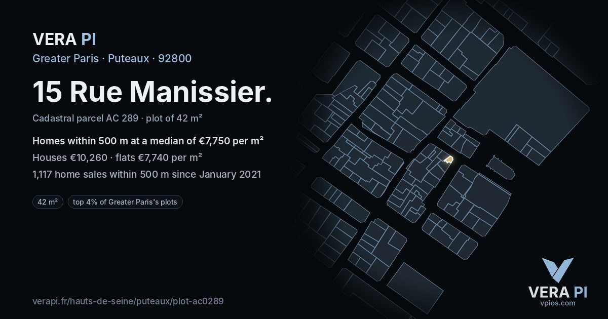 15 Rue Manissier, Puteaux at night – the plot lit, the parcels around coloured by the prices near them