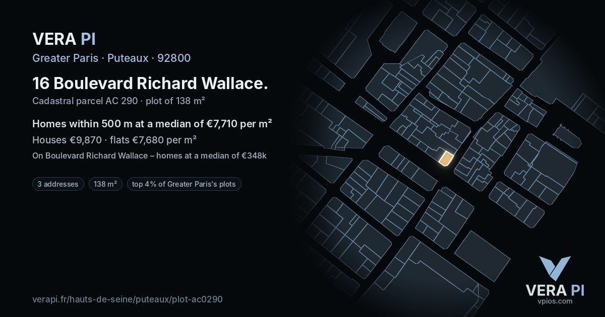 16 Boulevard Richard Wallace, Puteaux at night – the plot lit, the parcels around coloured by the prices near them