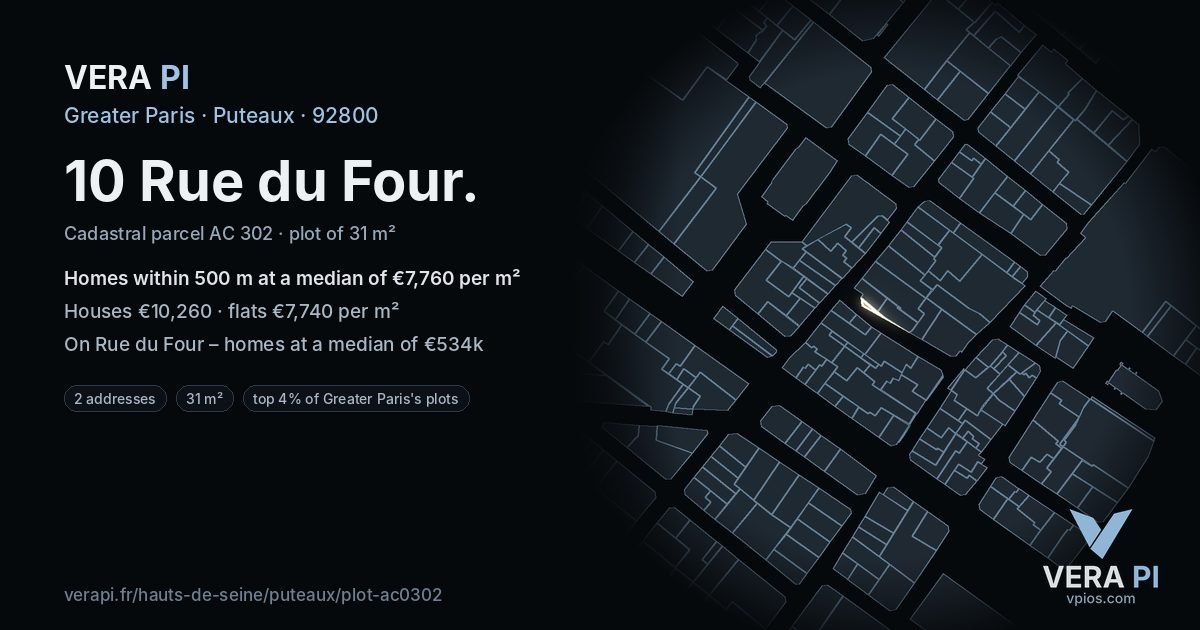 10 Rue du Four, Puteaux at night – the plot lit, the parcels around coloured by the prices near them