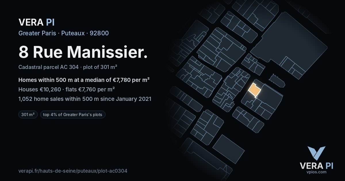 8 Rue Manissier, Puteaux at night – the plot lit, the parcels around coloured by the prices near them