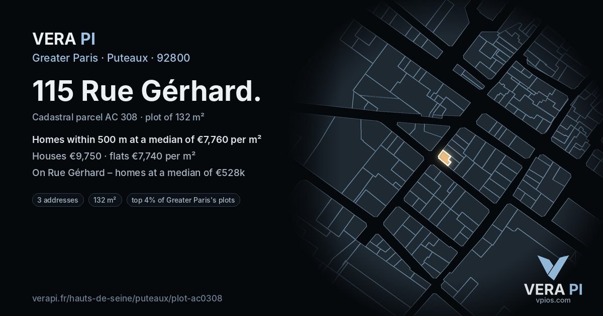 115 Rue Gérhard, Puteaux at night – the plot lit, the parcels around coloured by the prices near them