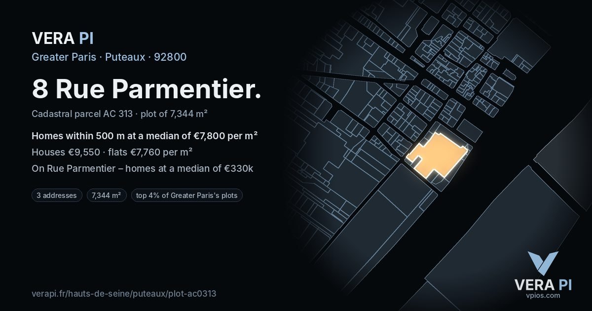 8 Rue Parmentier, Puteaux at night – the plot lit, the parcels around coloured by the prices near them