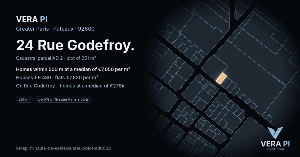 24 Rue Godefroy, Puteaux at night – the plot lit, the parcels around coloured by the prices near them